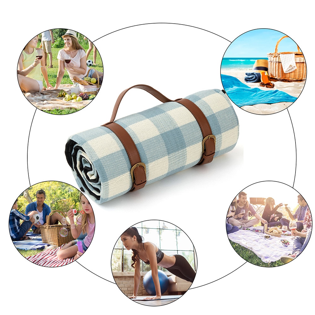 Blue Checkered Large Waterproof Picnic Blanket
