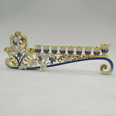 Blue Enamel Hanukkah Menorah Candelabra 9 Branch Candle Holder Ornament