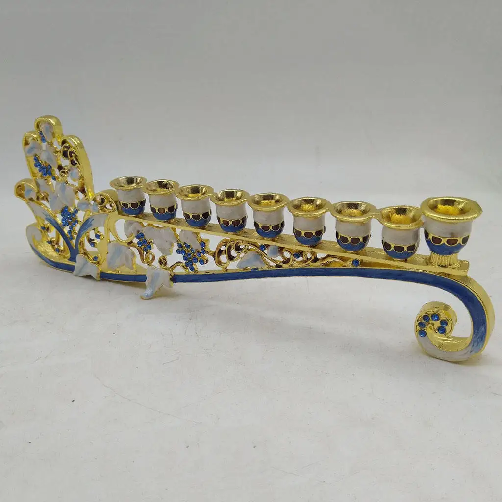 Blue Enamel Hanukkah Menorah Candelabra 9 Branch Candle Holder Ornament