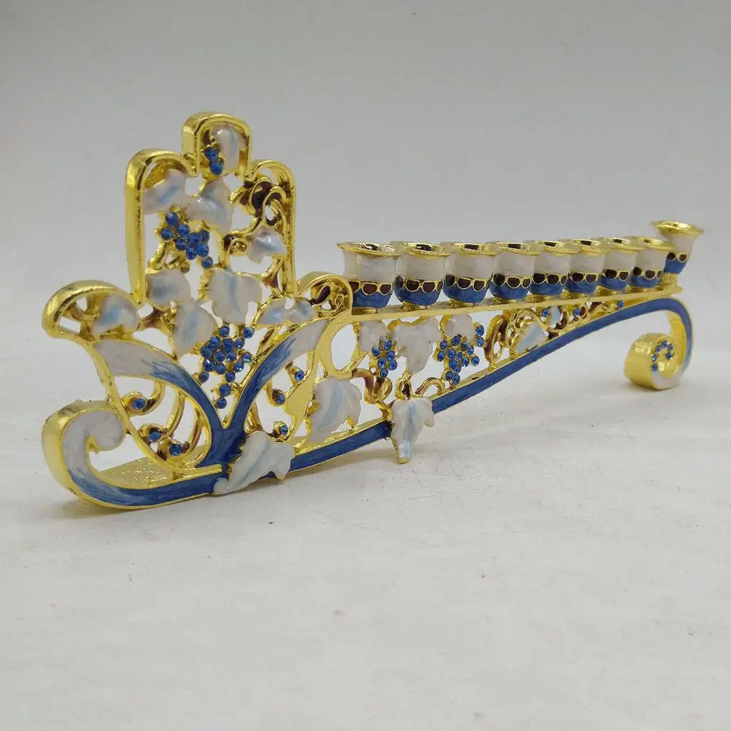 Blue Enamel Hanukkah Menorah Candelabra 9 Branch Candle Holder Ornament