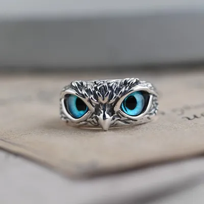 Blue Eye Silver Owl Ring