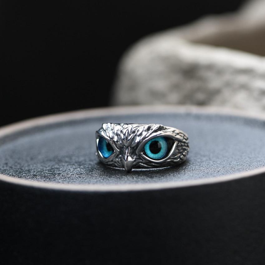 Blue Eye Silver Owl Ring