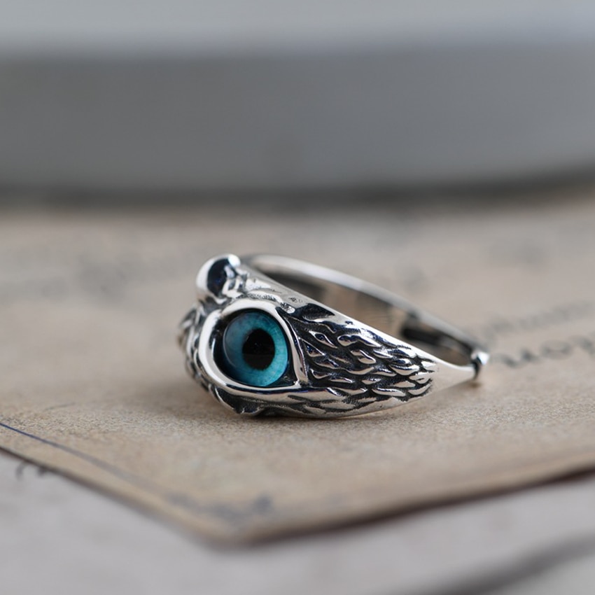 Blue Eye Silver Owl Ring