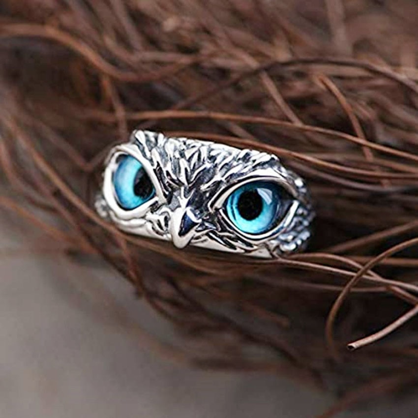 Blue Eye Silver Owl Ring