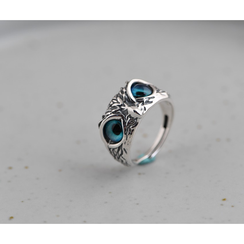 Blue Eye Silver Owl Ring