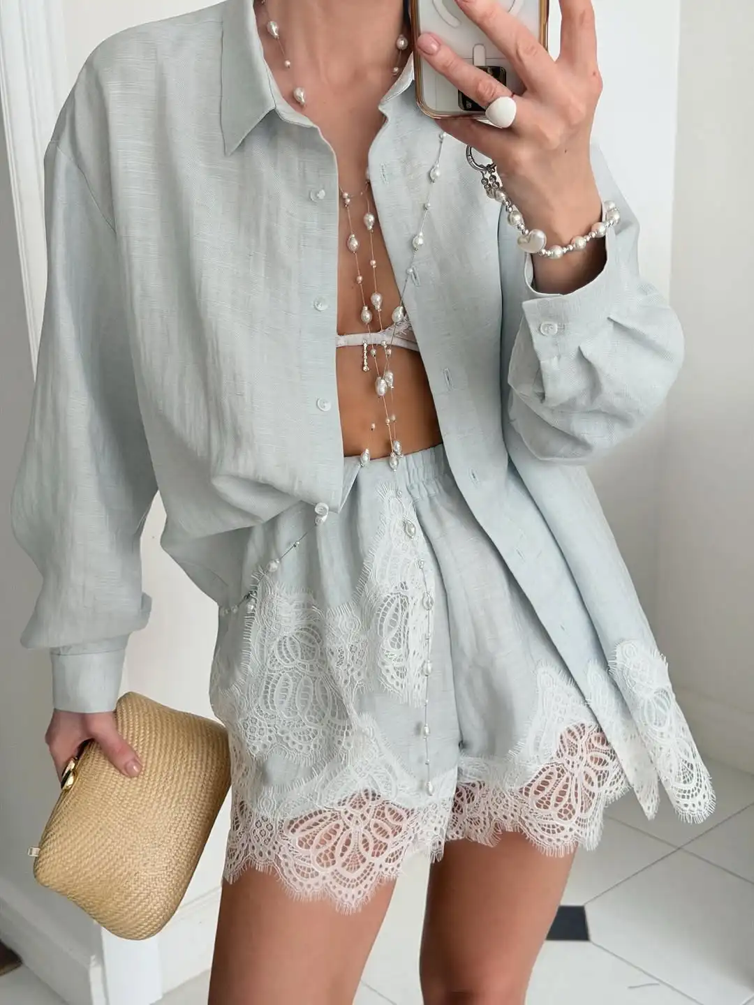 Blue Lace Patchwork Hem Shirt Shorts 2 Pieces Set Women's Single Breasted Blouse High Waist Shorts Set 2026 Casual