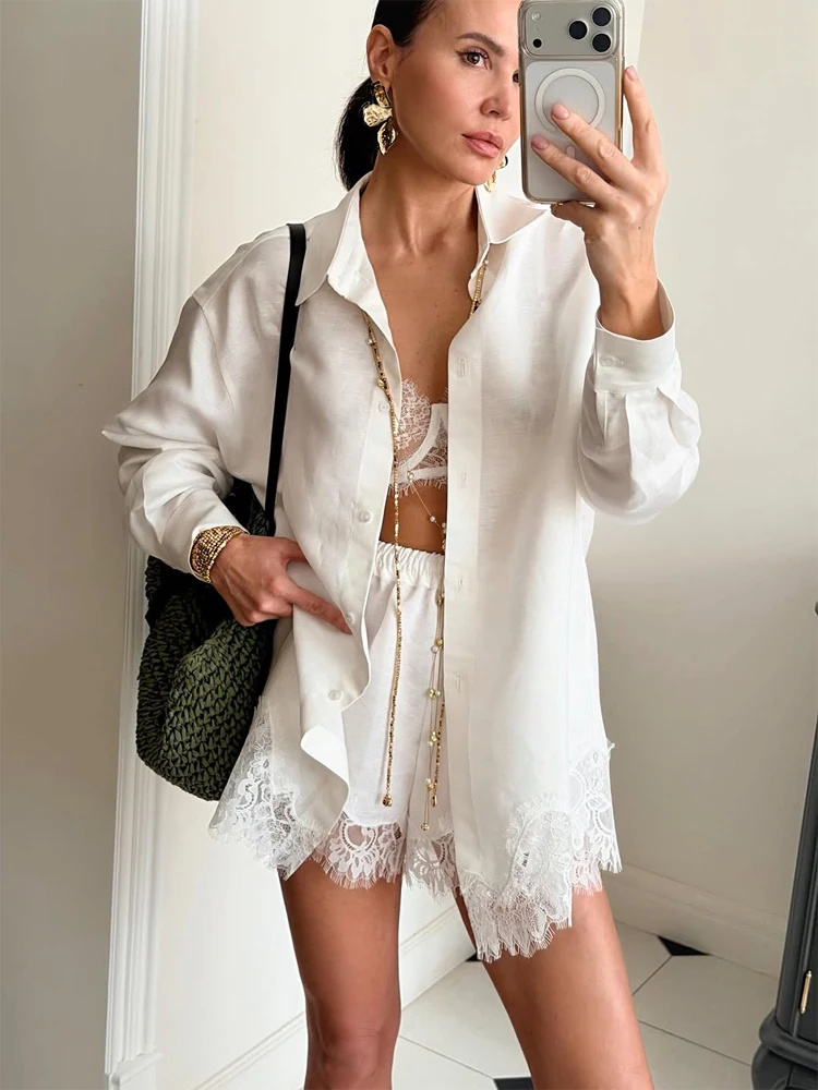 Blue Lace Patchwork Hem Shirt Shorts 2 Pieces Set Women's Single Breasted Blouse High Waist Shorts Set 2026 Casual Blue Lace Patchwork Hem Shirt Shorts 2 Pieces Set Women's Single Breasted Blouse High Waist Shorts Set 2026 Casual