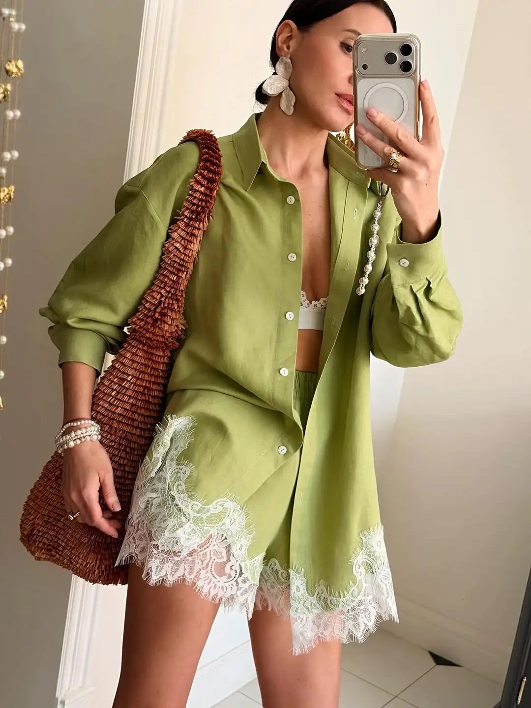 Blue Lace Patchwork Hem Shirt Shorts 2 Pieces Set Women's Single Breasted Blouse High Waist Shorts Set 2026 Casual Blue Lace Patchwork Hem Shirt Shorts 2 Pieces Set Women's Single Breasted Blouse High Waist Shorts Set 2026 Casual