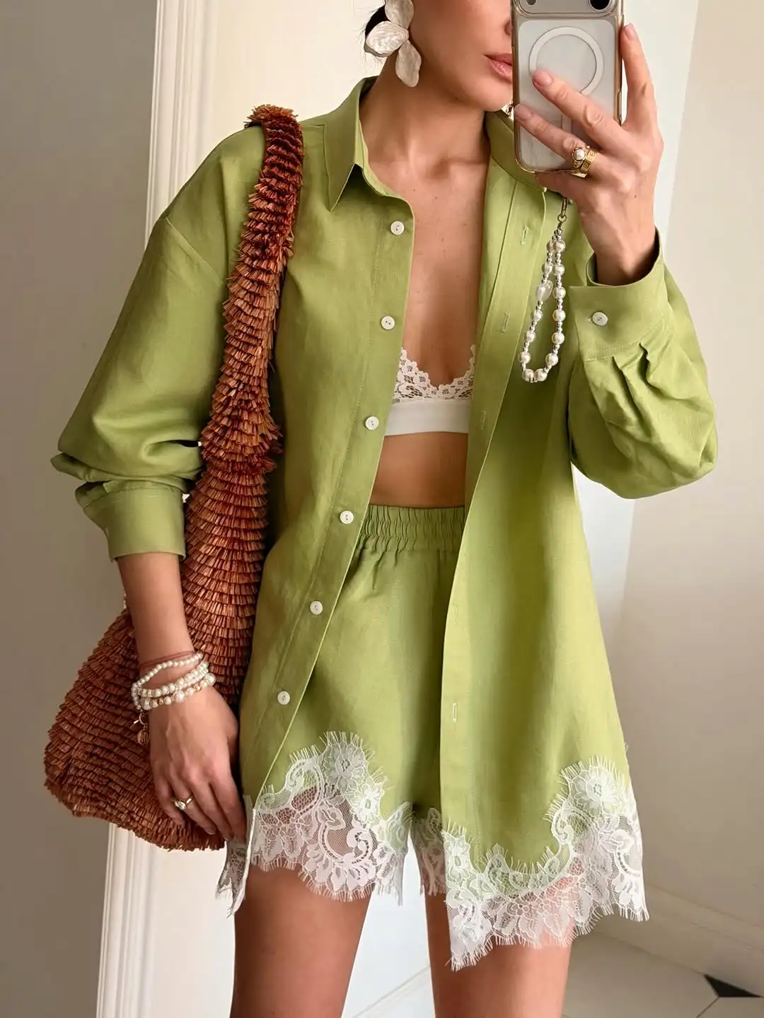 Blue Lace Patchwork Hem Shirt Shorts 2 Pieces Set Women's Single Breasted Blouse High Waist Shorts Set 2026 Casual Blue Lace Patchwork Hem Shirt Shorts 2 Pieces Set Women's Single Breasted Blouse High Waist Shorts Set 2026 Casual