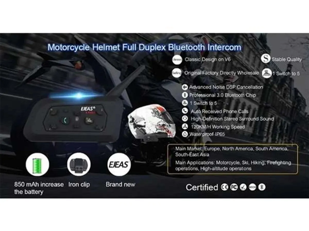 Bluetooth Motorcycle Intercom Helmet Headset 6 Riders 1200m Communicator Interphone + Metal Splint Bluetooth Motorcycle Intercom Helmet Headset 6 Riders 1200m Communicator Interphone + Metal Splint
