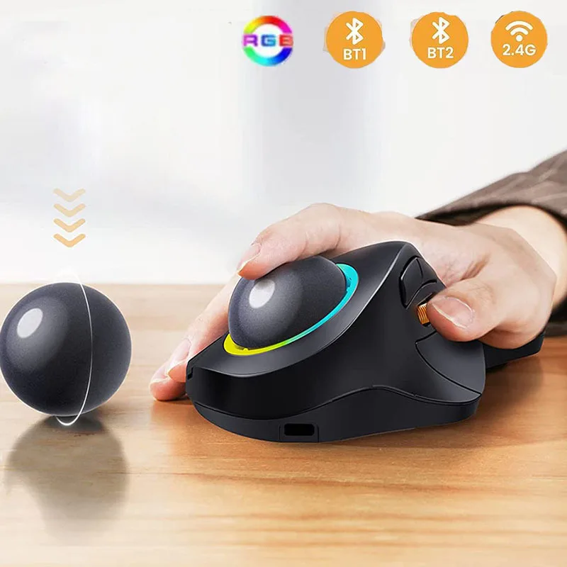 Bluetooth RGB Trackball Mouse 2.4GHz Wireless Finger Control Rechargeable Ergonomic Backlit Rollerball Mice for Mac iPad