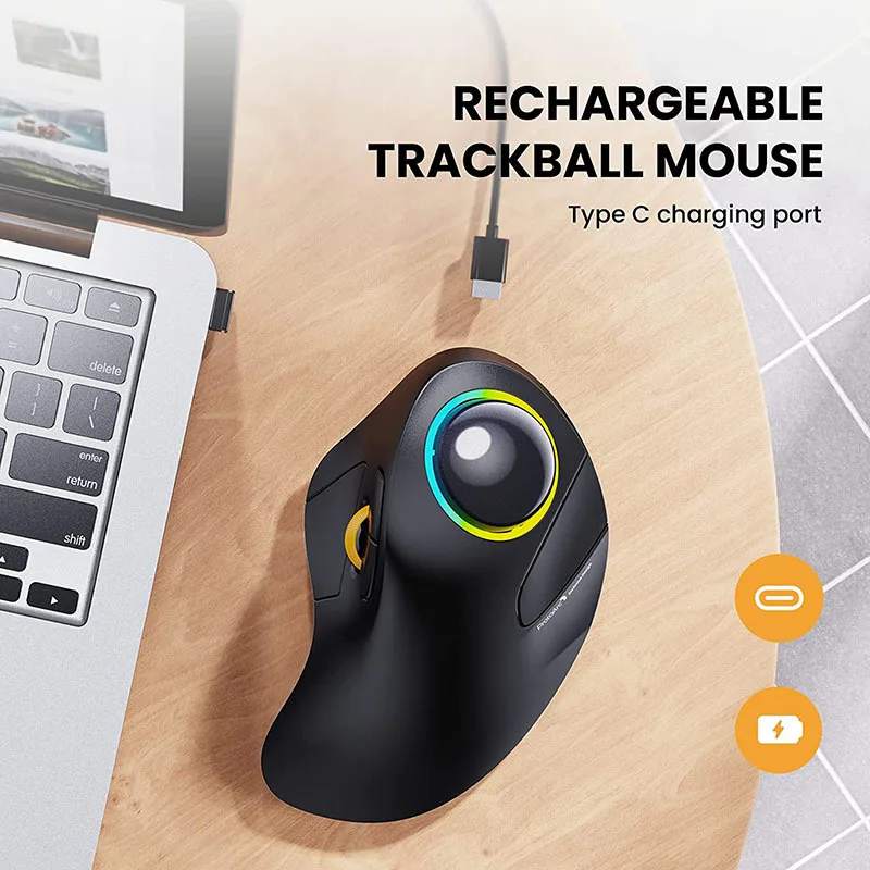 Bluetooth RGB Trackball Mouse 2.4GHz Wireless Finger Control Rechargeable Ergonomic Backlit Rollerball Mice for Mac iPad