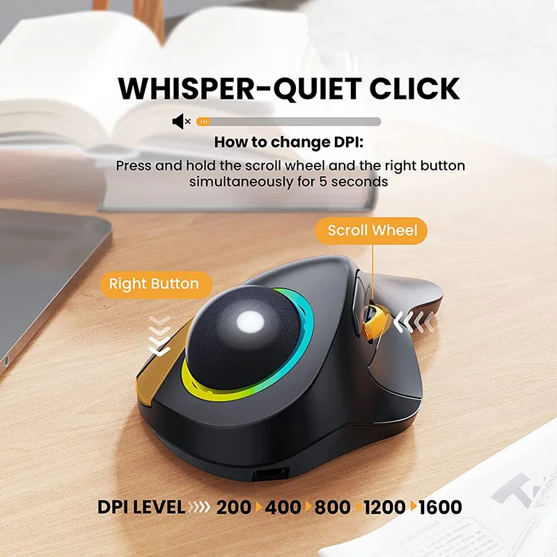 Bluetooth RGB Trackball Mouse 2.4GHz Wireless Finger Control Rechargeable Ergonomic Backlit Rollerball Mice for Mac iPad