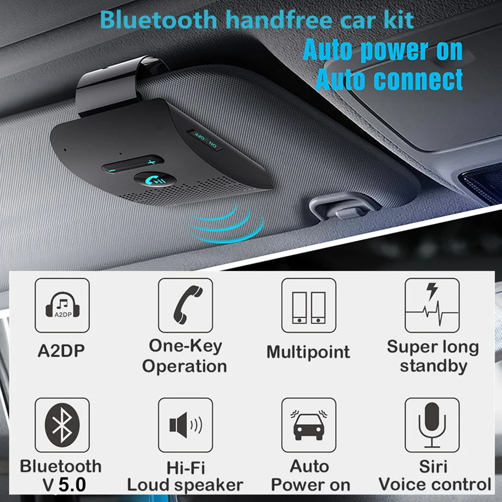Bluetooth Speaker Handsfree Car Kit Sun Visor Clip Wireless Audio Receiver Speakerphone Loud Music Player Dual