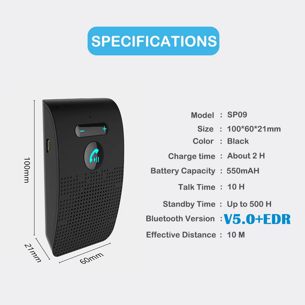 Bluetooth Speaker Handsfree Car Kit Sun Visor Clip Wireless Audio Receiver Speakerphone Loud Music Player Dual