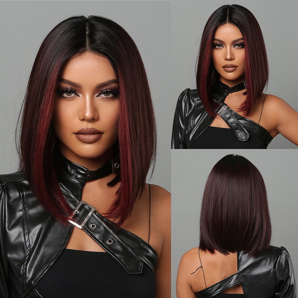 Bob Wigs For Women Short Black Bob Wig With Red Highlight Middle Part Bob Wigs For Women Short Black Bob Wig With Red Highlight Middle Part