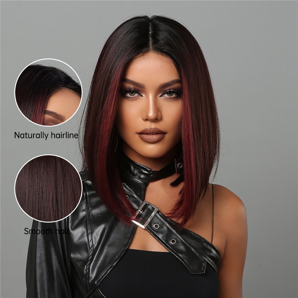 Bob Wigs For Women Short Black Bob Wig With Red Highlight Middle Part