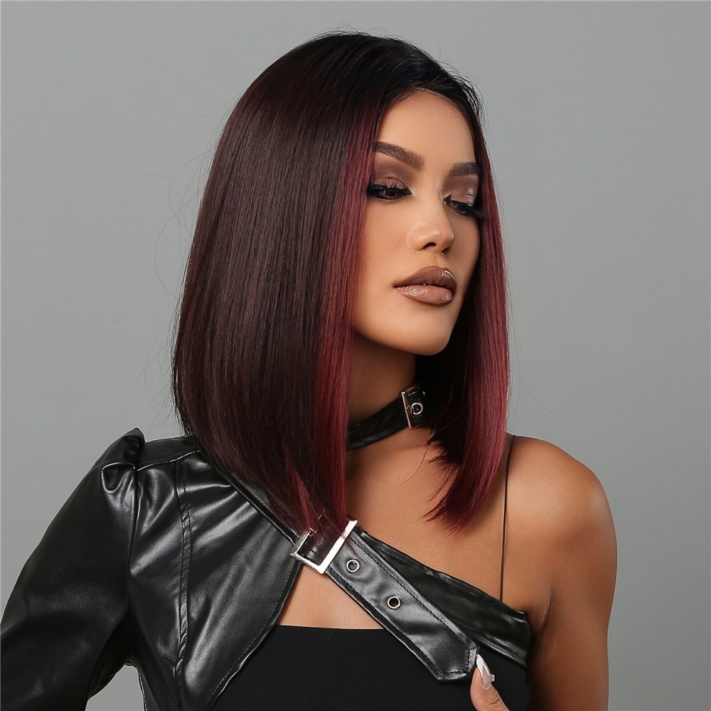 Bob Wigs For Women Short Black Bob Wig With Red Highlight Middle Part