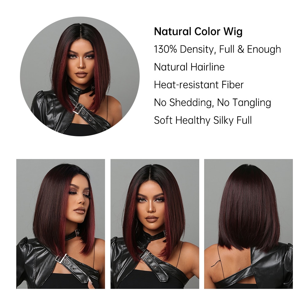 Bob Wigs For Women Short Black Bob Wig With Red Highlight Middle Part