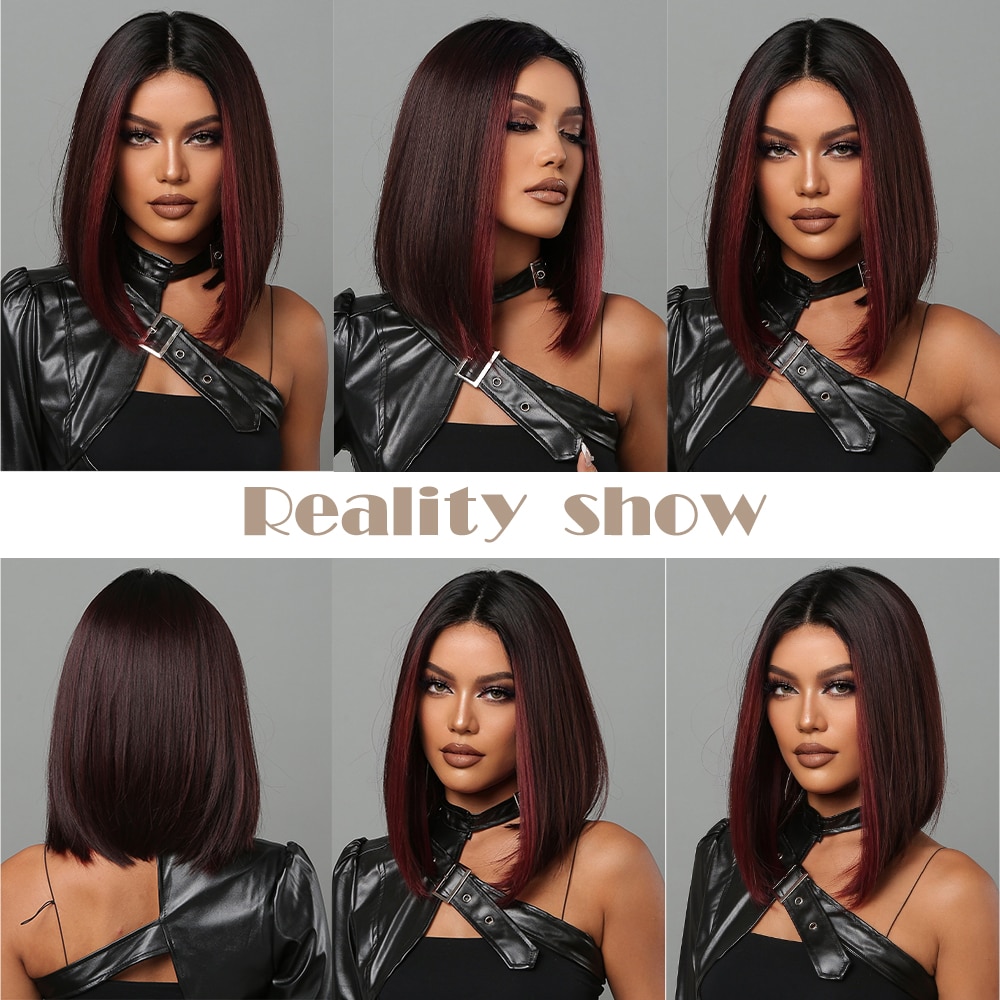 Bob Wigs For Women Short Black Bob Wig With Red Highlight Middle Part
