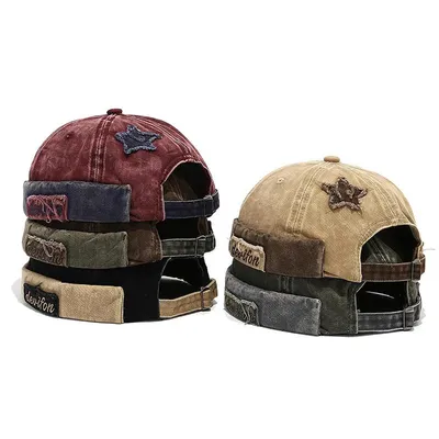 Bocca Retro Washed Color Docker Cap Without Visor Star Splicing Brimless Caps Letter Adjustable Beanie Hat Vintage