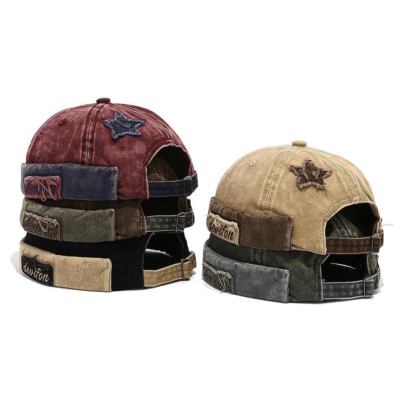 Bocca Retro Washed Color Docker Cap Without Visor Star Splicing Brimless Caps Letter Adjustable Beanie Hat Vintage