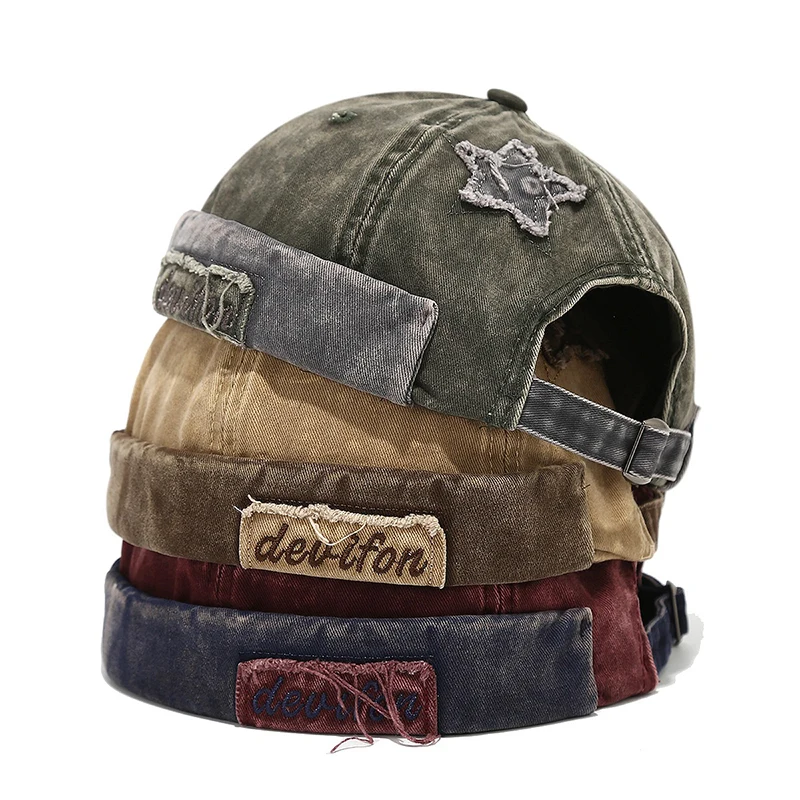 Bocca Retro Washed Color Docker Cap Without Visor Star Splicing Brimless Caps Letter Adjustable Beanie Hat Vintage