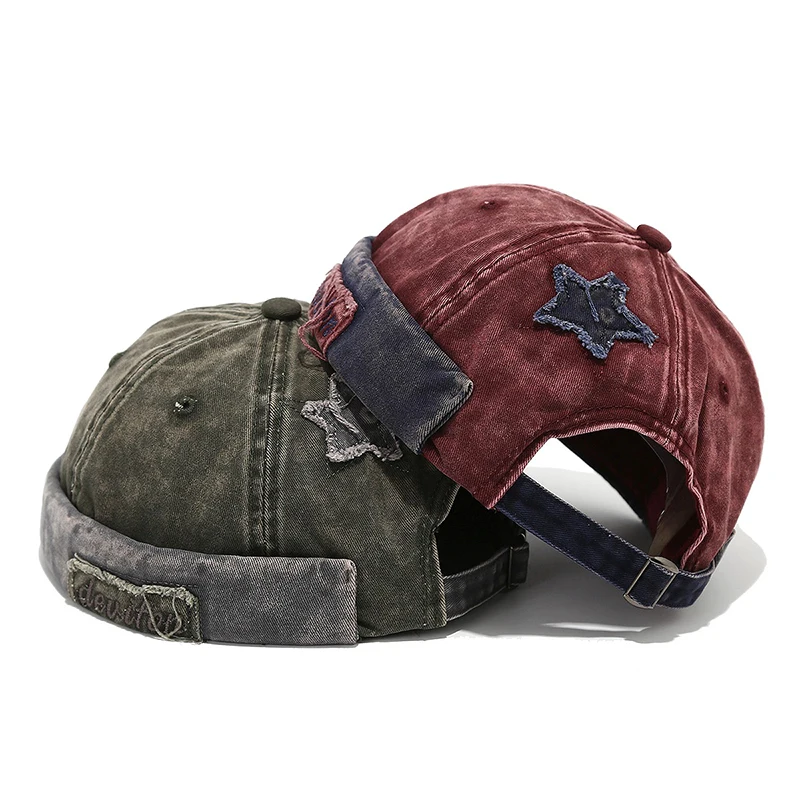 Bocca Retro Washed Color Docker Cap Without Visor Star Splicing Brimless Caps Letter Adjustable Beanie Hat Vintage