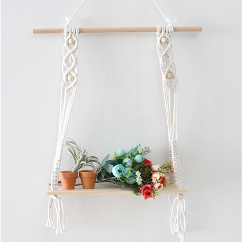 Bohemian Wooden Macrame Hanging Shelf Bohemian Wooden Macrame Hanging Shelf