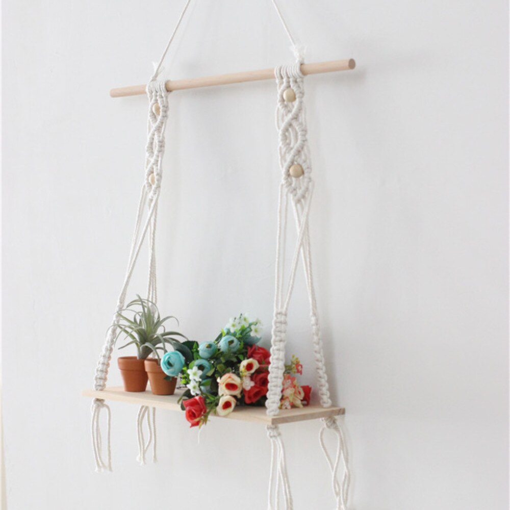 Bohemian Wooden Macrame Hanging Shelf Bohemian Wooden Macrame Hanging Shelf