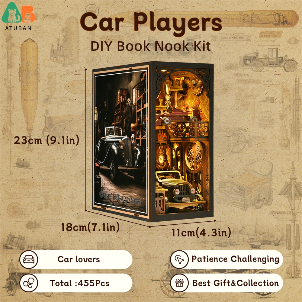 Book Nook Kit Classic Car F1 DIY Wooden Puzzle Bookshelf Insert Decor Dollhouse Model Bookend Building Decoration Gifts