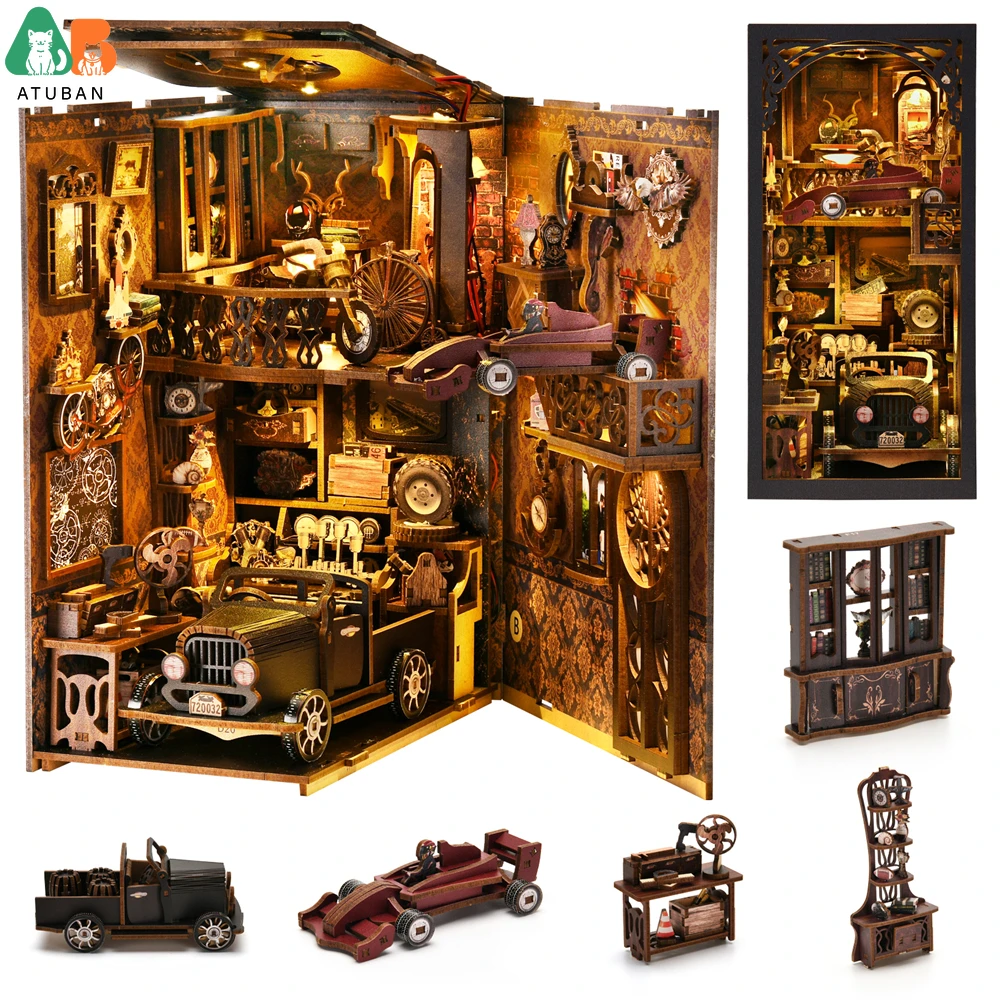 Book Nook Kit Classic Car F1 DIY Wooden Puzzle Bookshelf Insert Decor Dollhouse Model Bookend Building Decoration Gifts