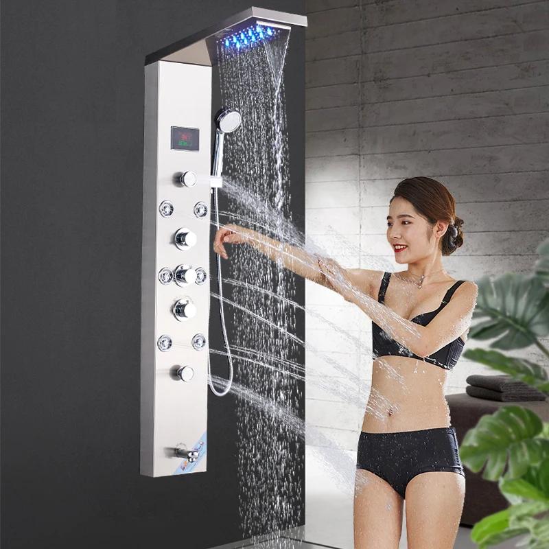Brushed Nickel Bathroom Shower Column Wall Mounted Black LED Shower Panel Faucets Rainfall Digital Screen 6 Modes Mixer Brushed Nickel Bathroom Shower Column Wall Mounted Black LED Shower Panel Faucets Rainfall Digital Screen 6 Modes Mixer