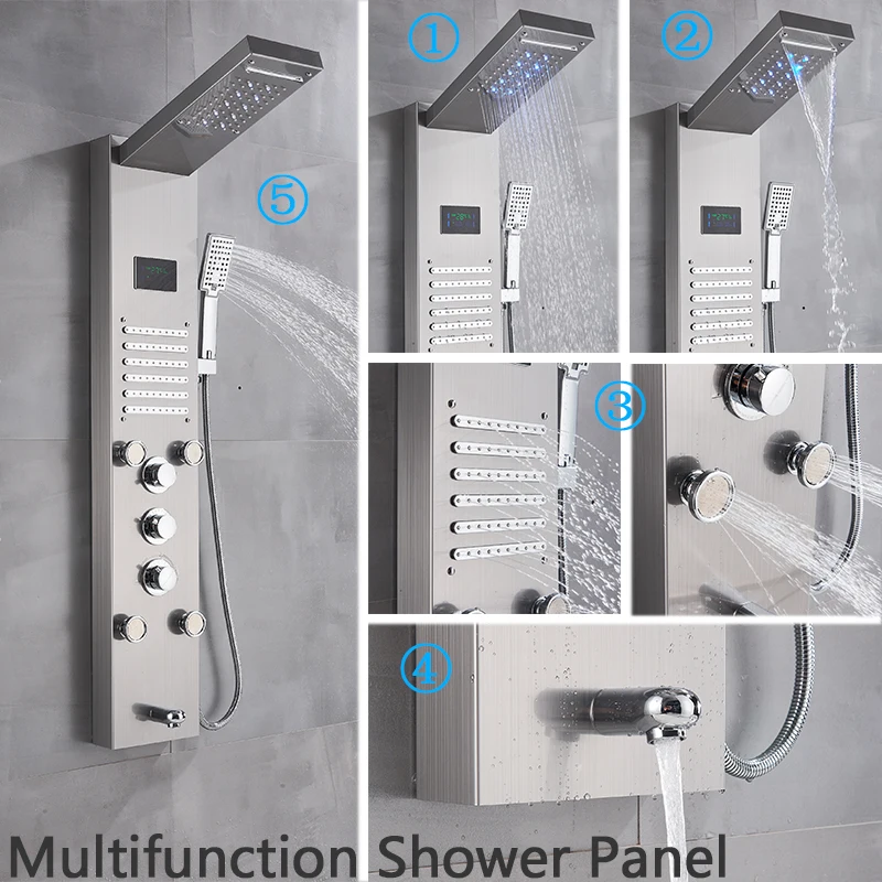 Brushed Nickel Bathroom Shower Column Wall Mounted Black LED Shower Panel Faucets Rainfall Digital Screen 6 Modes Mixer Brushed Nickel Bathroom Shower Column Wall Mounted Black LED Shower Panel Faucets Rainfall Digital Screen 6 Modes Mixer