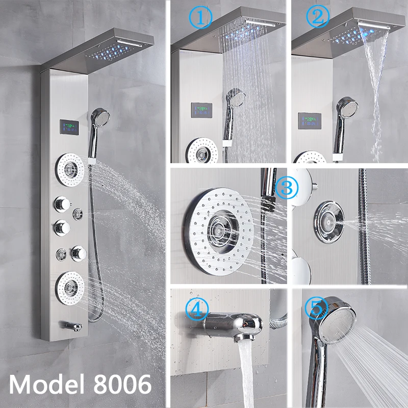 Brushed Nickel Bathroom Shower Column Wall Mounted Black LED Shower Panel Faucets Rainfall Digital Screen 6 Modes Mixer Brushed Nickel Bathroom Shower Column Wall Mounted Black LED Shower Panel Faucets Rainfall Digital Screen 6 Modes Mixer