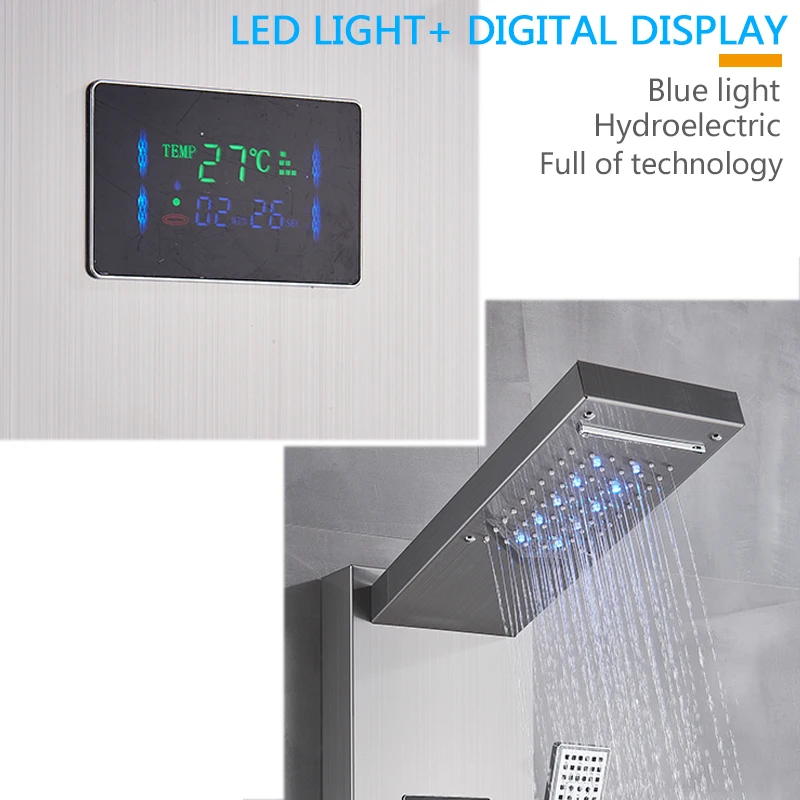 Brushed Nickel Bathroom Shower Column Wall Mounted Black LED Shower Panel Faucets Rainfall Digital Screen 6 Modes Mixer Brushed Nickel Bathroom Shower Column Wall Mounted Black LED Shower Panel Faucets Rainfall Digital Screen 6 Modes Mixer