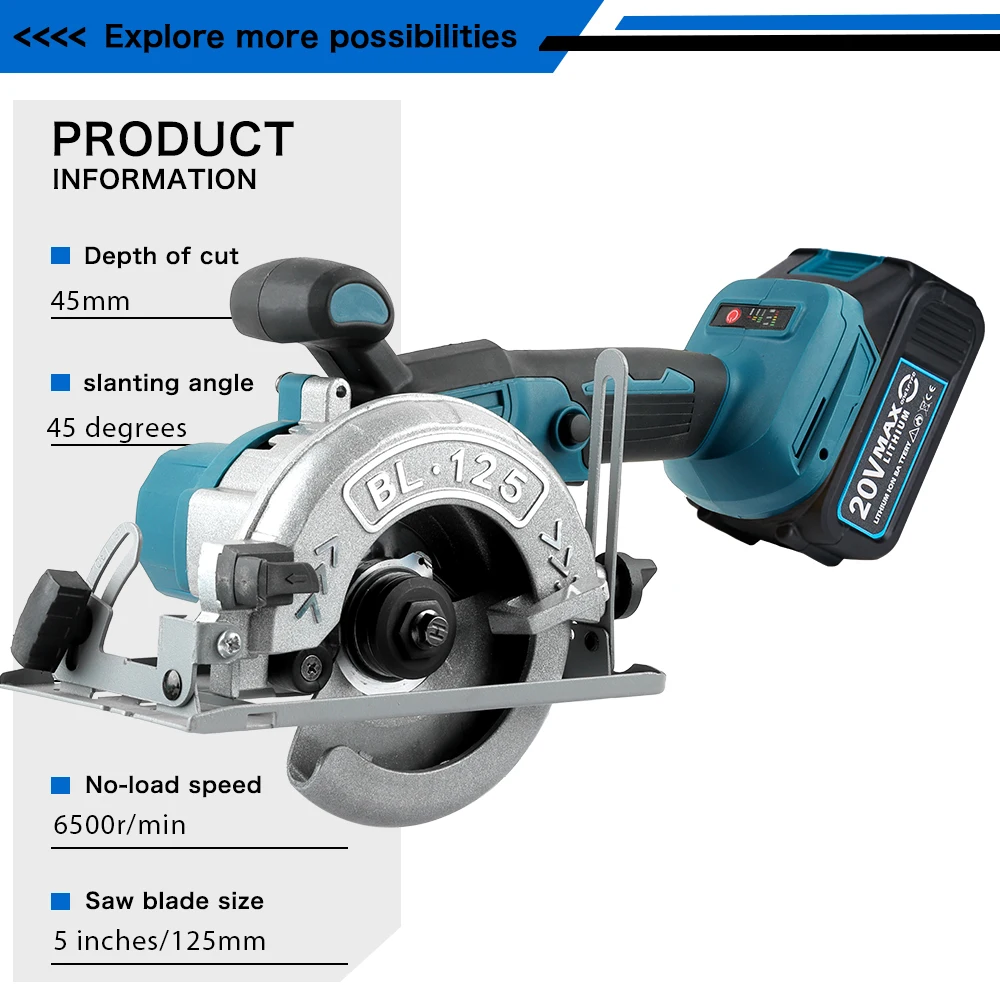 Brushless Circular Saw 125mm Cordless Electric Saw Adjustable Wood Cuttiing Machine Handheld Woodworking Saw