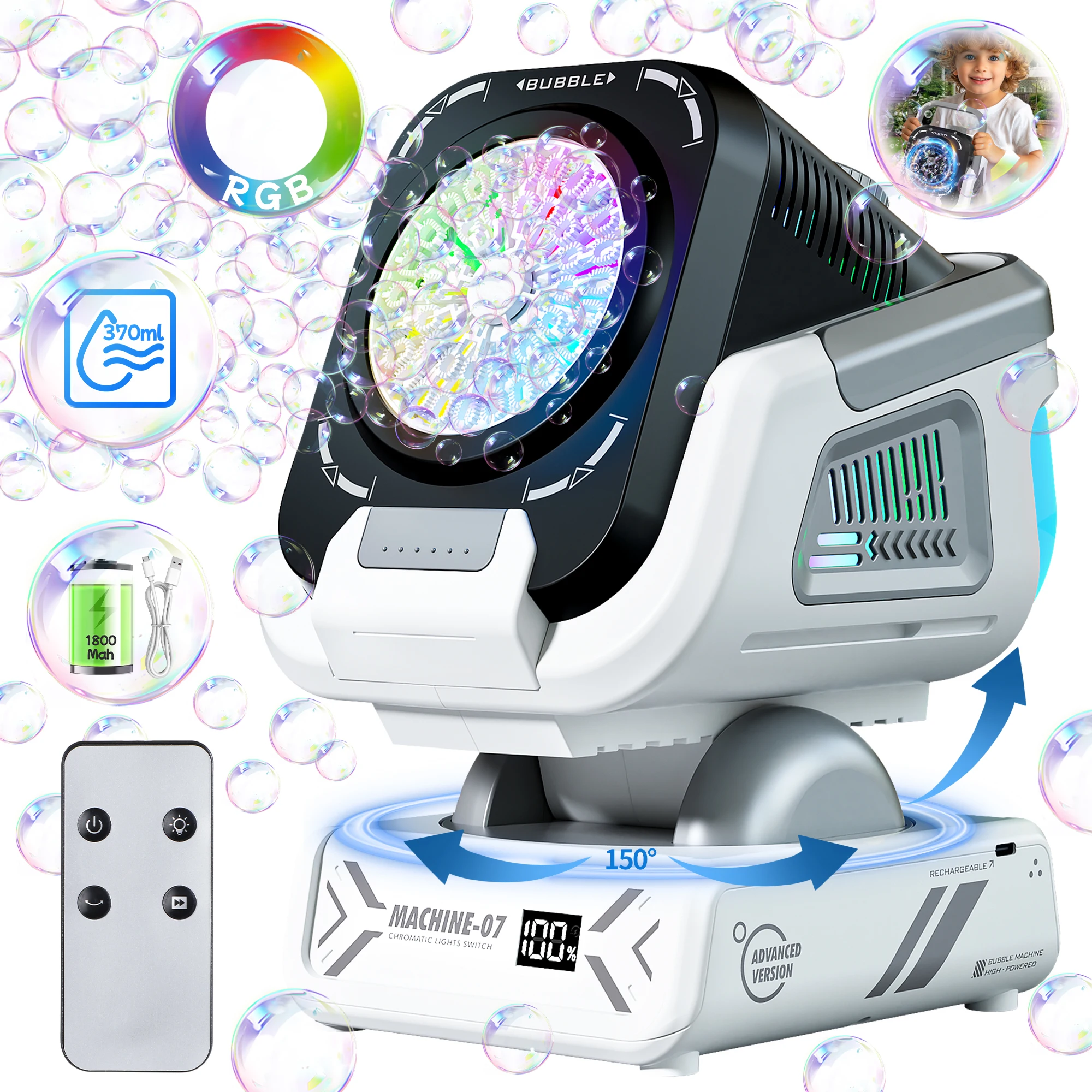 Bubble Machine with Remote Control, Automatic Rotation, and Rgb Lights, 1800Mah Rechargeable Battery, Type-C Charging Bubble Machine with Remote Control, Automatic Rotation, and Rgb Lights, 1800Mah Rechargeable Battery, Type-C Charging