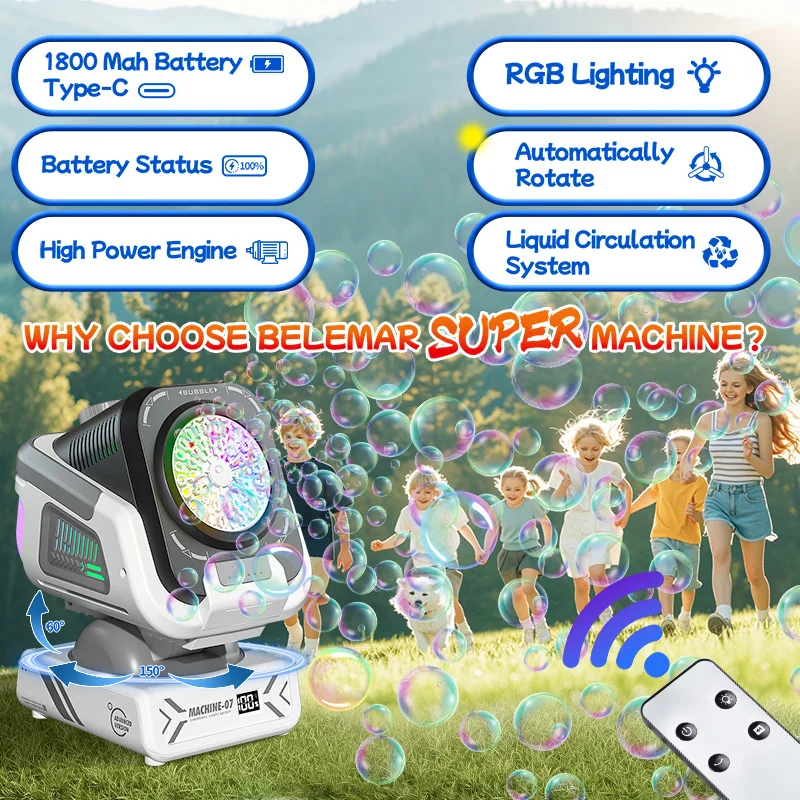 Bubble Machine with Remote Control, Automatic Rotation, and Rgb Lights, 1800Mah Rechargeable Battery, Type-C Charging Bubble Machine with Remote Control, Automatic Rotation, and Rgb Lights, 1800Mah Rechargeable Battery, Type-C Charging
