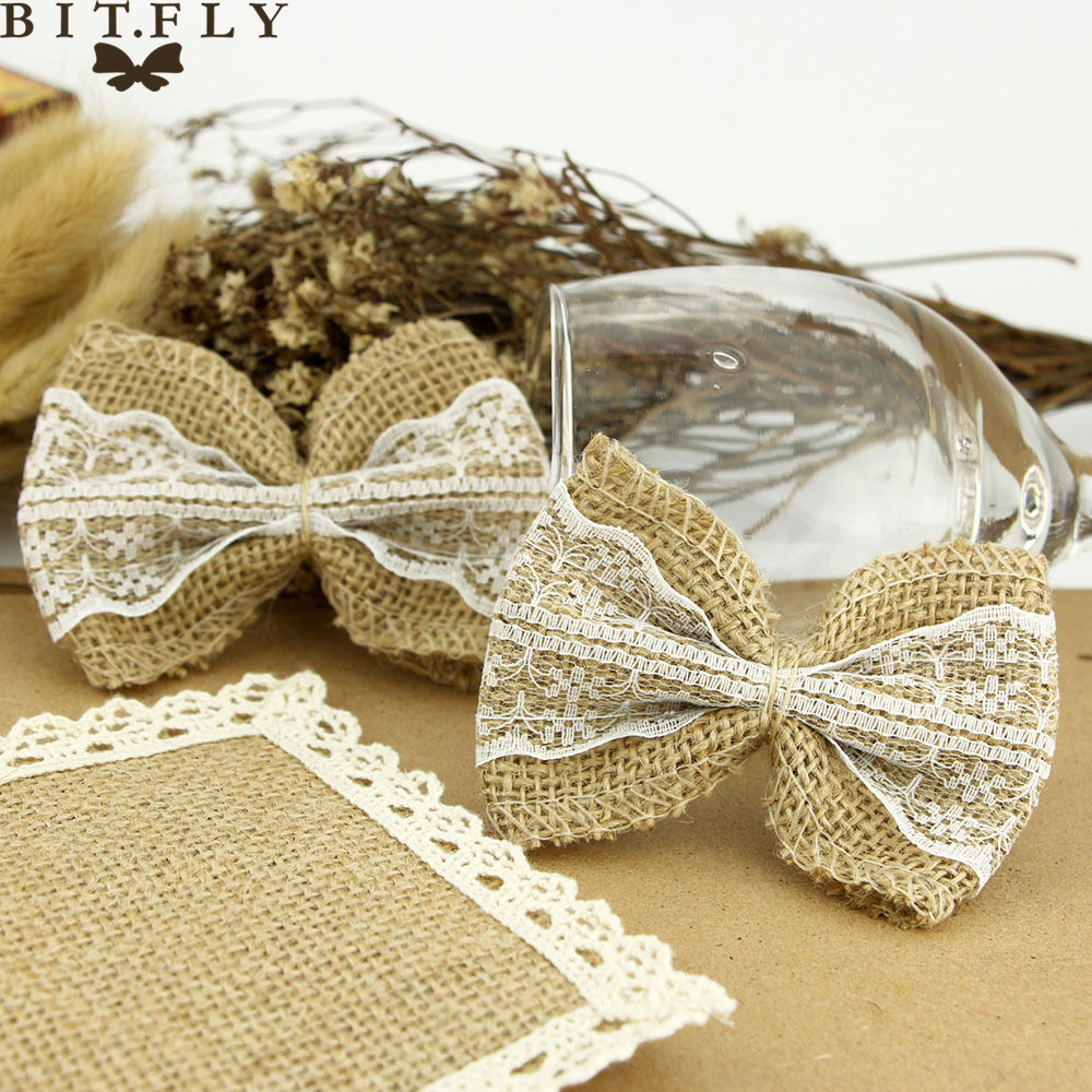 Burlap Jute Bows with White Lace (10pc)