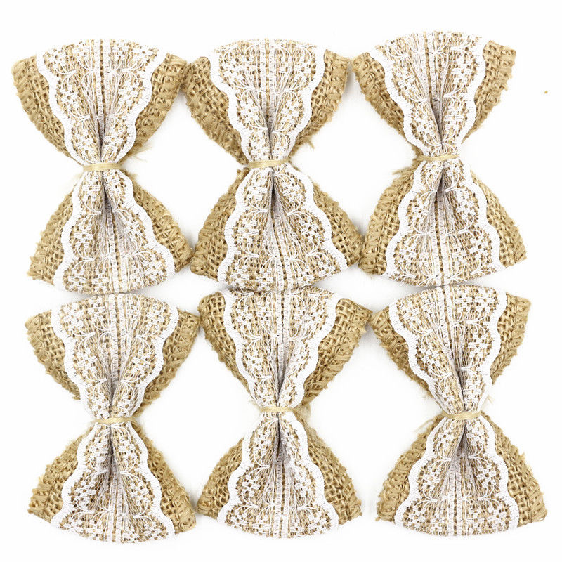 Burlap Jute Bows with White Lace (10pc)