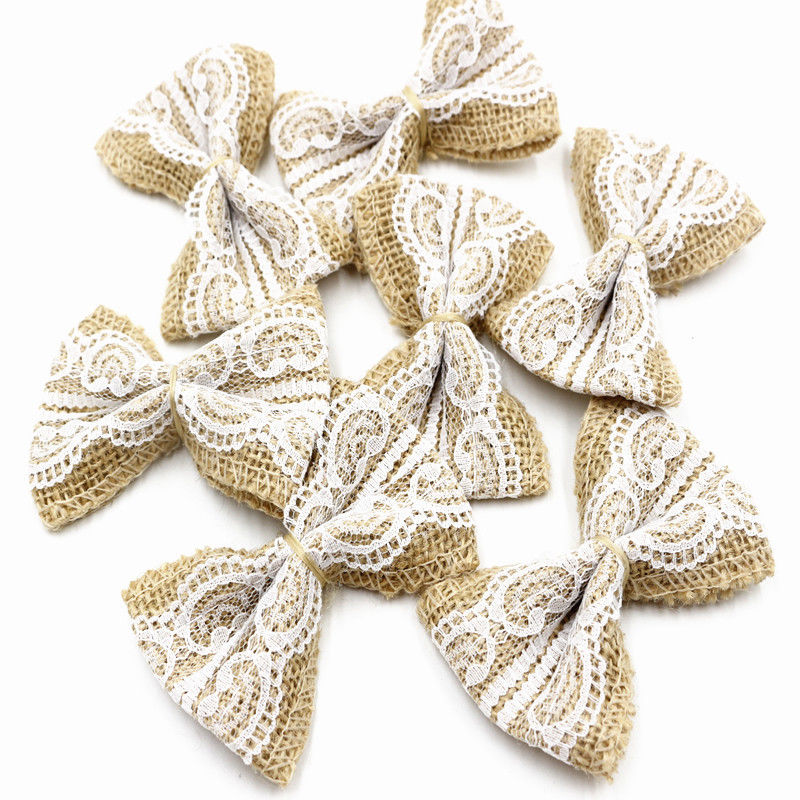 Burlap Jute Bows with White Lace (10pc)