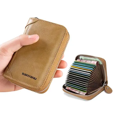 Business Casual RFID Blocking Men Card Pack Genuine Leather Zipper Credit Card Holder Wallet Men Women Card Wallet Coin
