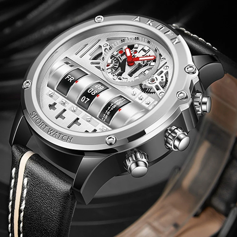 Business Casual Watch for Men Creative Men WristWatch Unique Rotate Date Leather Strap Quartz Watch Male Military Sport