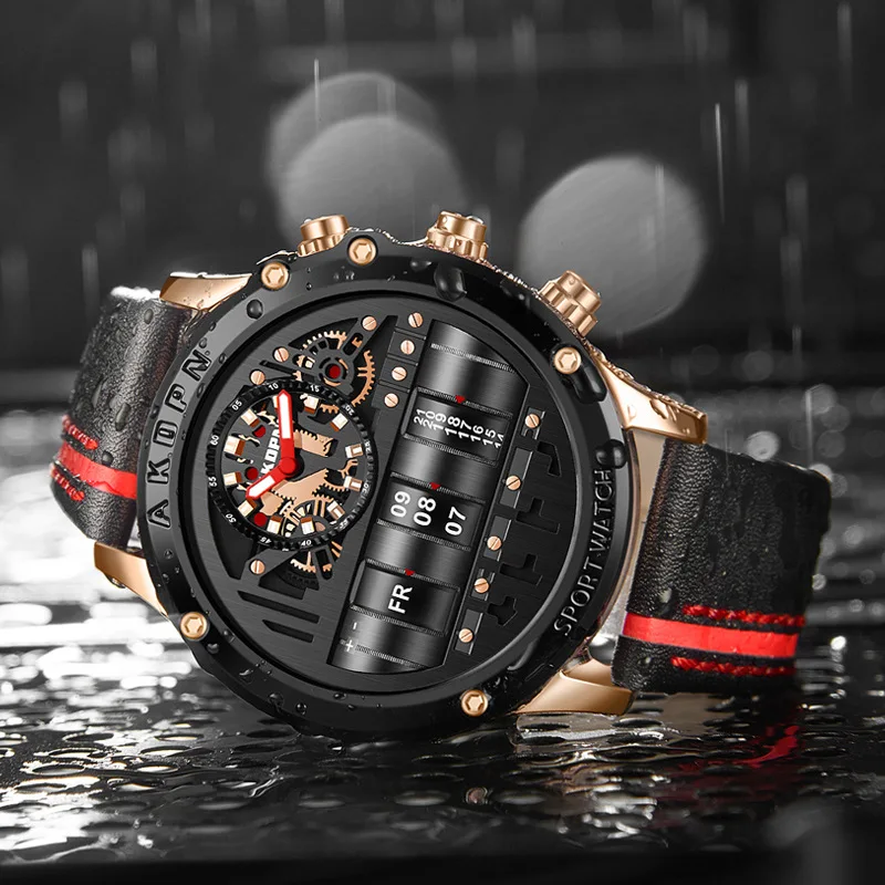 Business Casual Watch for Men Creative Men WristWatch Unique Rotate Date Leather Strap Quartz Watch Male Military Sport