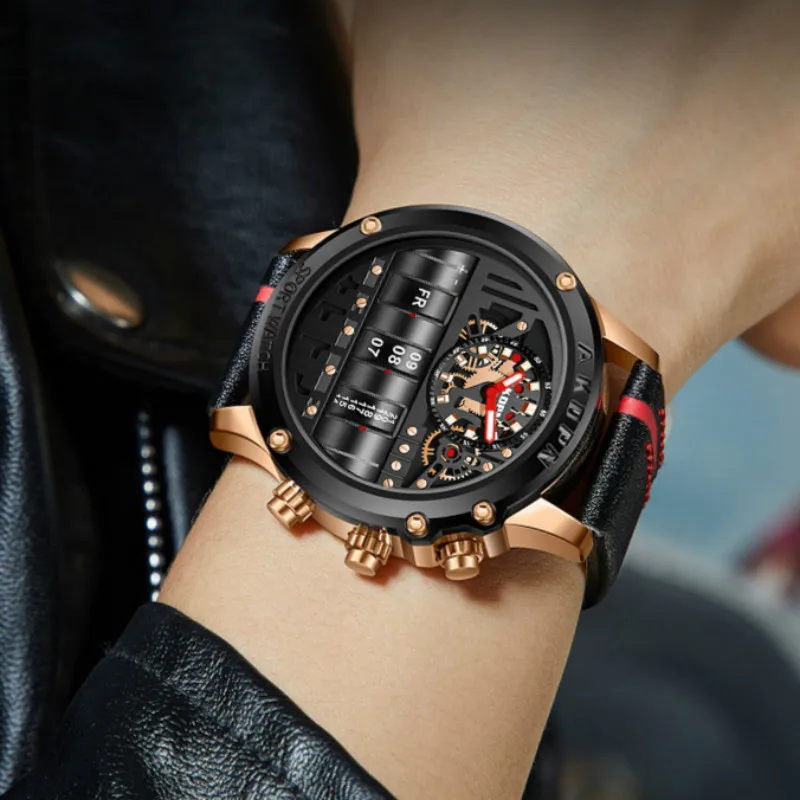 Business Casual Watch for Men Creative Men WristWatch Unique Rotate Date Leather Strap Quartz Watch Male Military Sport
