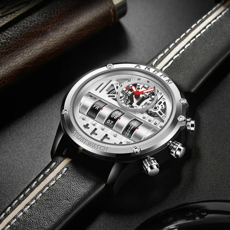 Business Casual Watch for Men Creative Men WristWatch Unique Rotate Date Leather Strap Quartz Watch Male Military Sport
