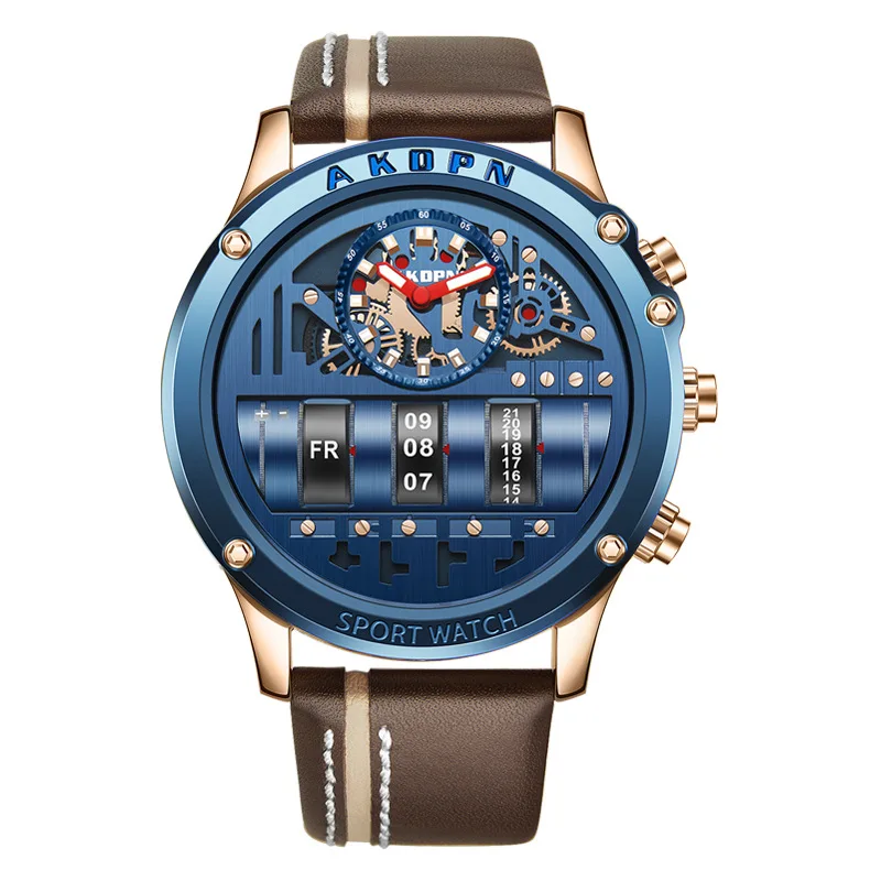Business Casual Watch for Men Creative Men WristWatch Unique Rotate Date Leather Strap Quartz Watch Male Military Sport