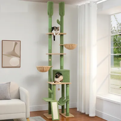 Cactus Cat Tree Floor to Ceiling Cat Tower 7 Tiers Cat Climbing Tree with Cozy Hammocks and Condos 5 Platforms Cactus Cat Tree Floor to Ceiling Cat Tower 7 Tiers Cat Climbing Tree with Cozy Hammocks and Condos 5 Platforms