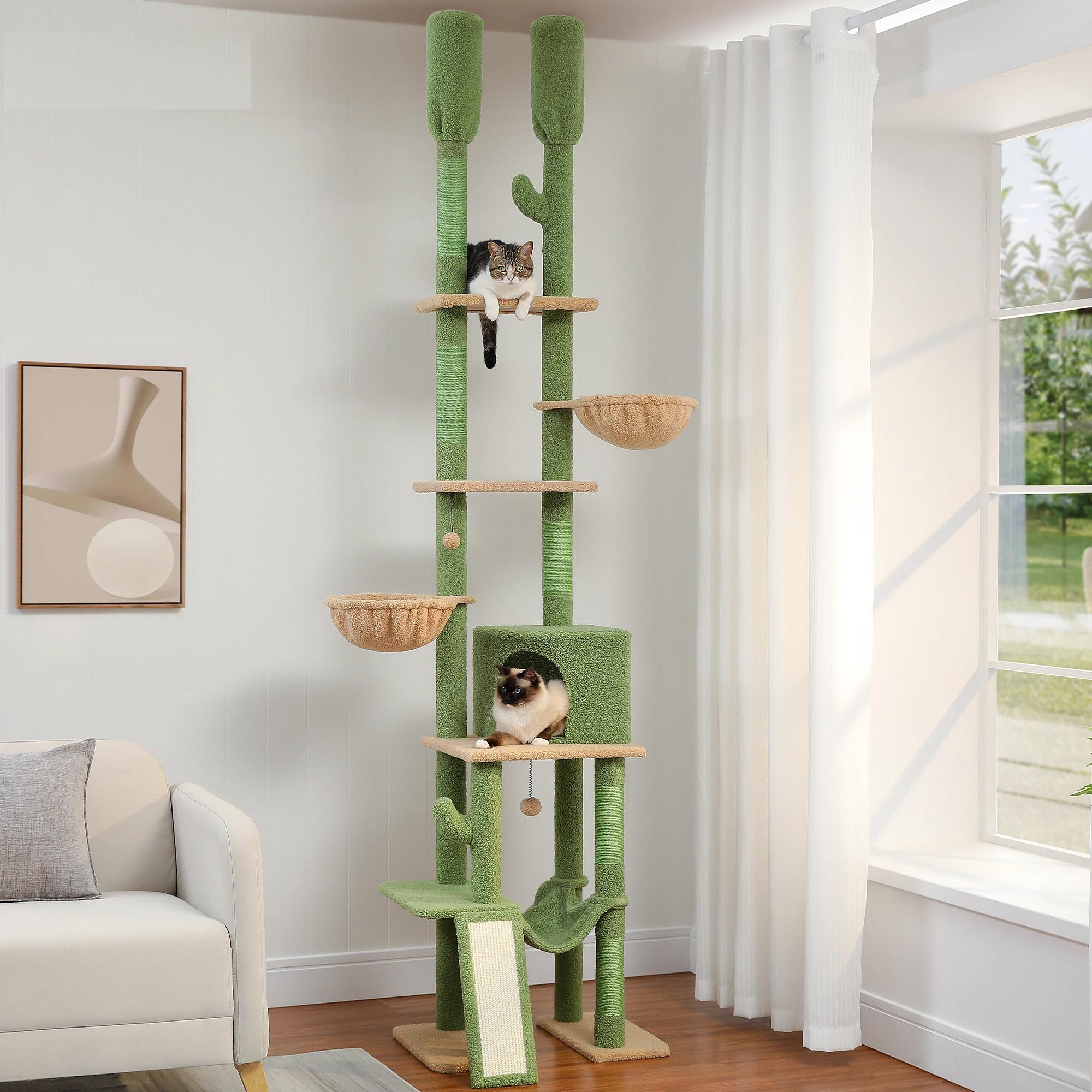 Cactus Cat Tree Floor to Ceiling Cat Tower 7 Tiers Cat Climbing Tree with Cozy Hammocks and Condos 5 Platforms